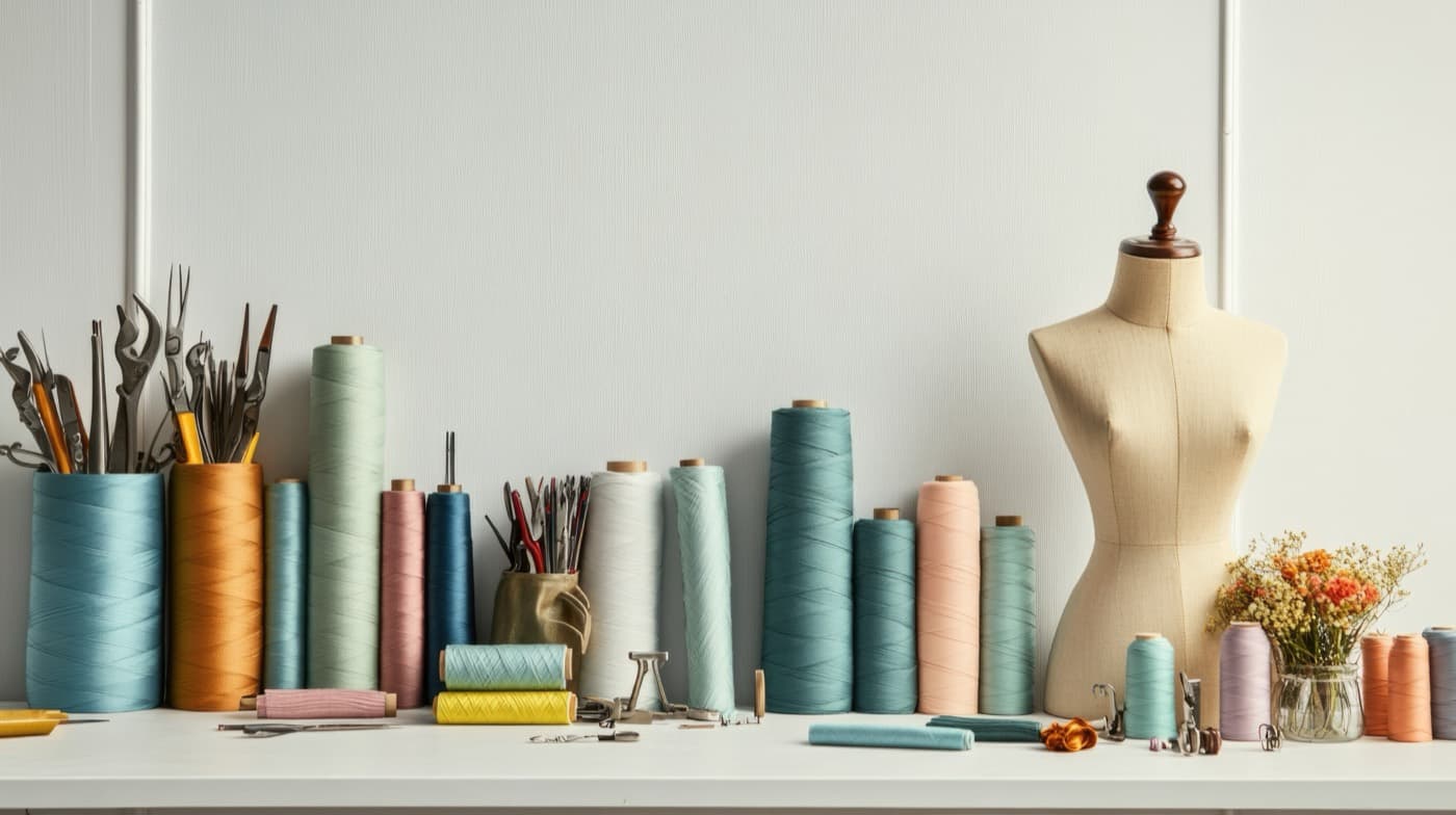 Tailoring supplies — thread spools, scissors, and a dressmaker's mannequin — at a Los Angeles alterations studio